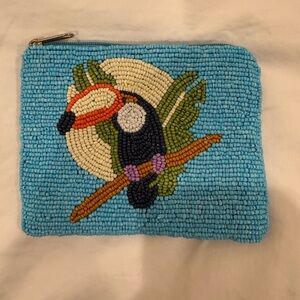 Beaded Toucan Bird Zip Pouch - Blue